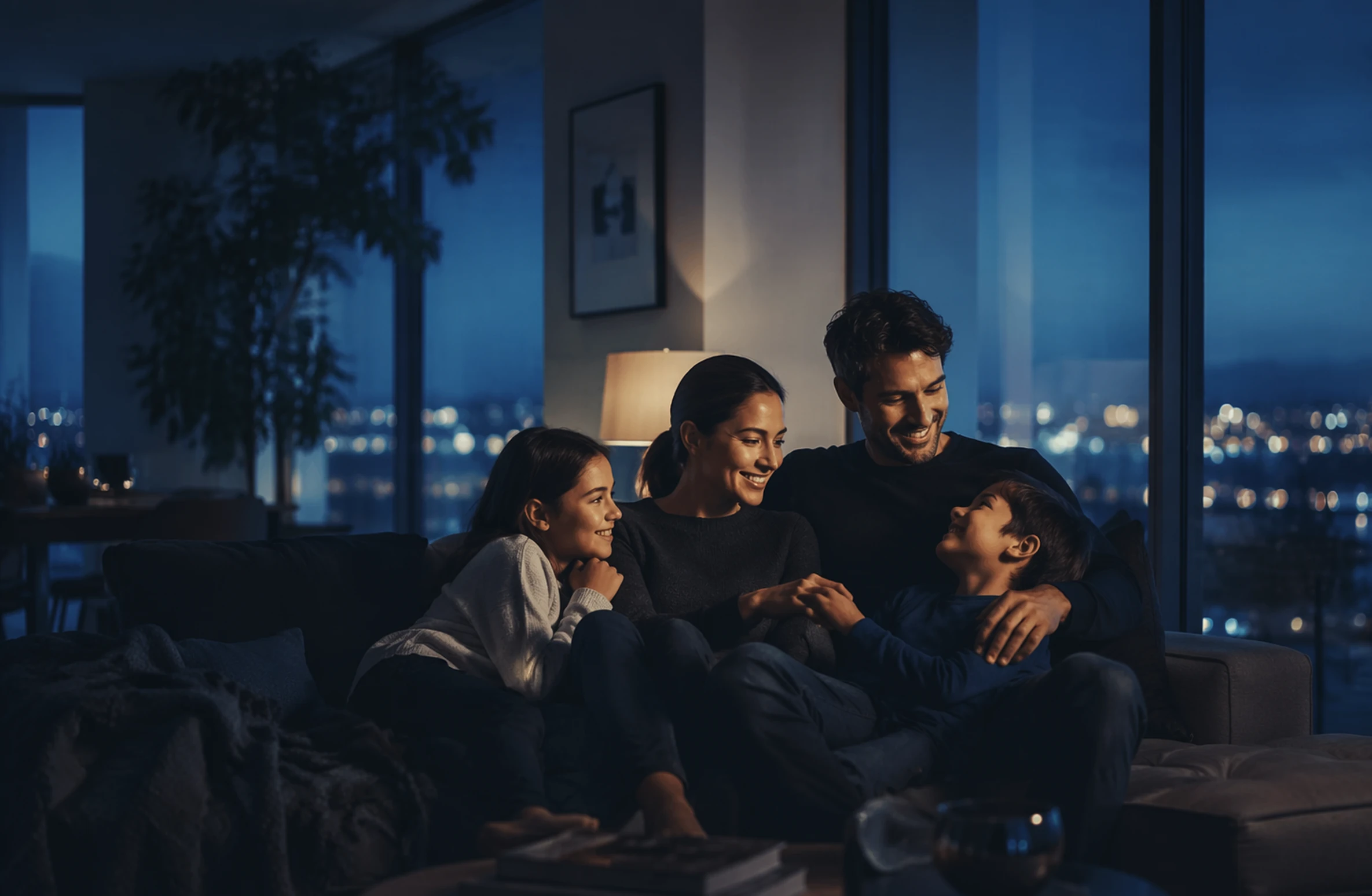 Família protegida por seguro residencial e patrimonial